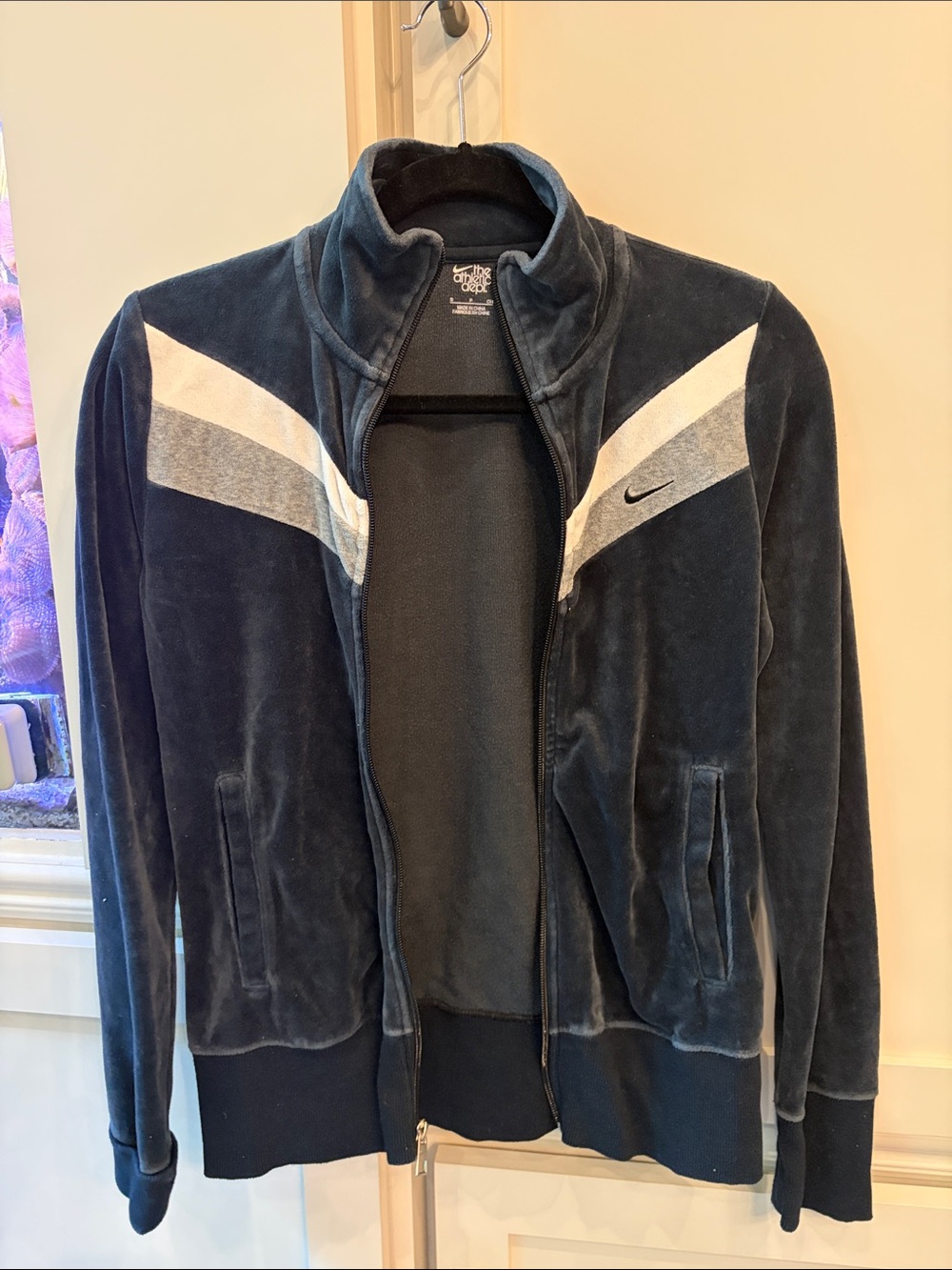 Nike Black Vintage Velour Bomber Jacket with Gray and White Chevron